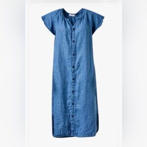 RARE! EUC CP SHADES Lucy Indigo Linen Twill Cap Sleeve Maxi Shirt Dress L Blue